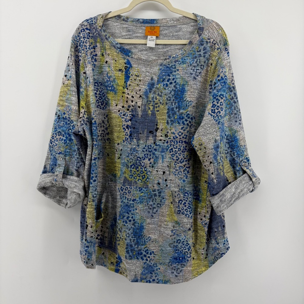 Ruby Rd Knit Top Blue Green Womens 2X Abstract Animal Print Roll Tab 3/4 Sleeve